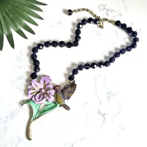 Hummingbird Colorful Rhinestone Enamel Necklace Purple Bead Large Flower NEW
